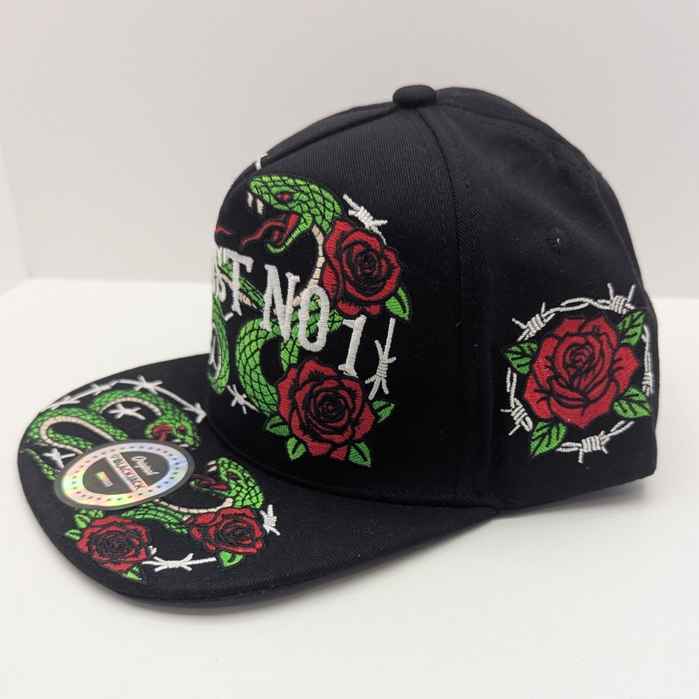 Blackjack Trust No 1 Snapback Hat Black Snake Rose Barbed Wire Flat Brim Cap - Picture 3 of 12